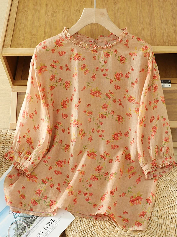 

Retro Floral Print Loose ort Sve irt Large Size Bellflower Hemline Slimming Top Comfortable Casual Women's Blouse