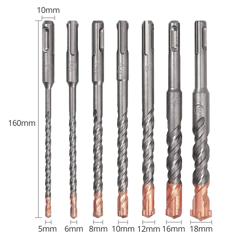 7 Pcs 4ขลุ่ย SDS Plus Hammer เจาะบิตชุด5 6 8 10 12 14 16 18มม.160 200มม.สำหรับคอนกรีตอิฐบล็อกหินก่ออิฐและหินแกรนิต