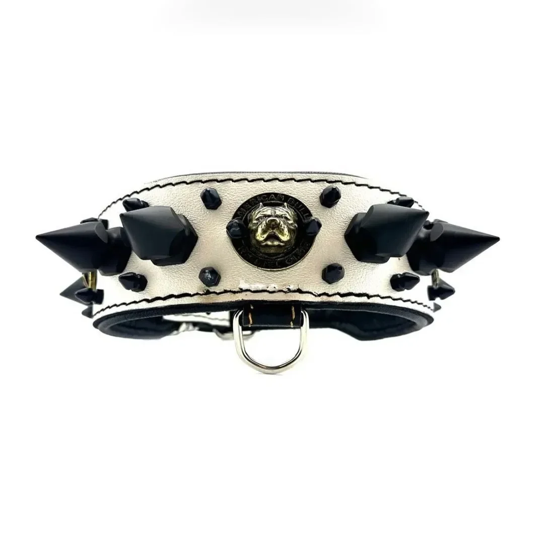 Medium Dog Collar Leather Harness 3pcs Set Black Leather White DingTalk Animal Pattern Alloy Bulldog Boxer Neck Size