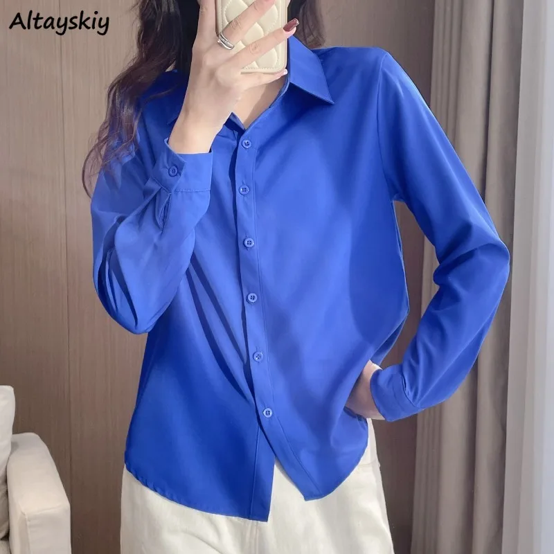 

Elegant Shirts for Women Single Breasted Design Solid Simple Spring Autumn Chic New Fashion Office Lady Clothing Long Sleeve
