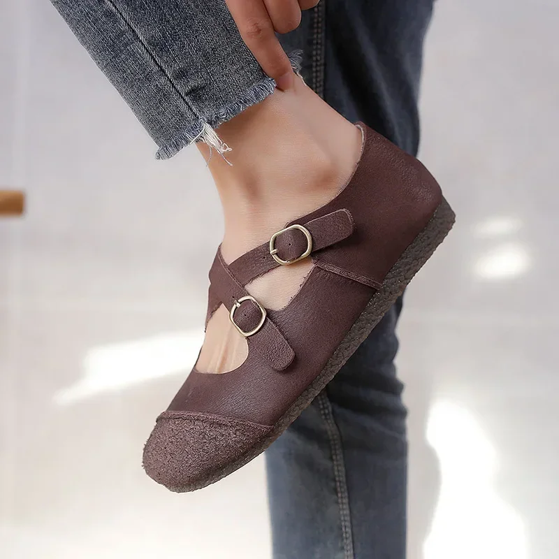 autumn women's shoes genuine leather casual shoes flat soft sole  cross buckle comfortable shoes