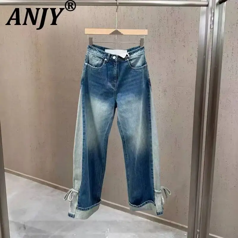 

ANJY Spring Autumn New Women Fashion Patchwork Lace-Up Bow Cuff Hem Wide Leg Jeans Washed Stylish High Street Denim Pants A22649