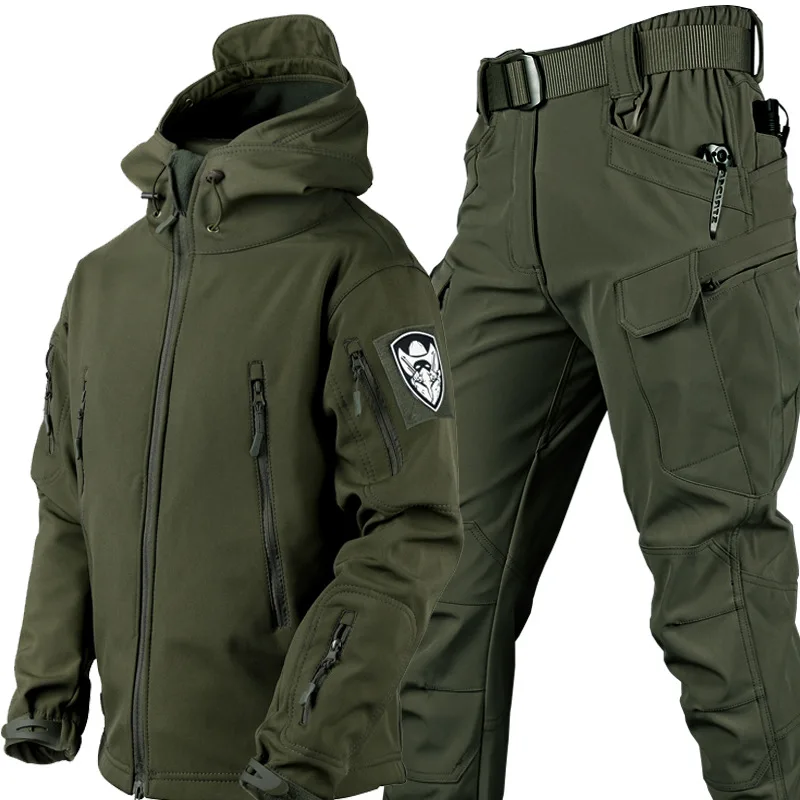 Camo Winter Tactische Sets Mannen Haai Huid Soft Shell Capuchon + Multi-Pocket Rechte Cargo Broek 2 Stuks Pakken Waterdichte Set