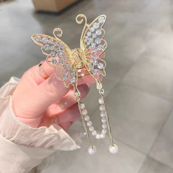 Exquisite Rhinestone Butterfly Fringe Hair Claw Korean New Ponytail Braid Pearl Hair Clip Girl Crab Metal Headdress Gift