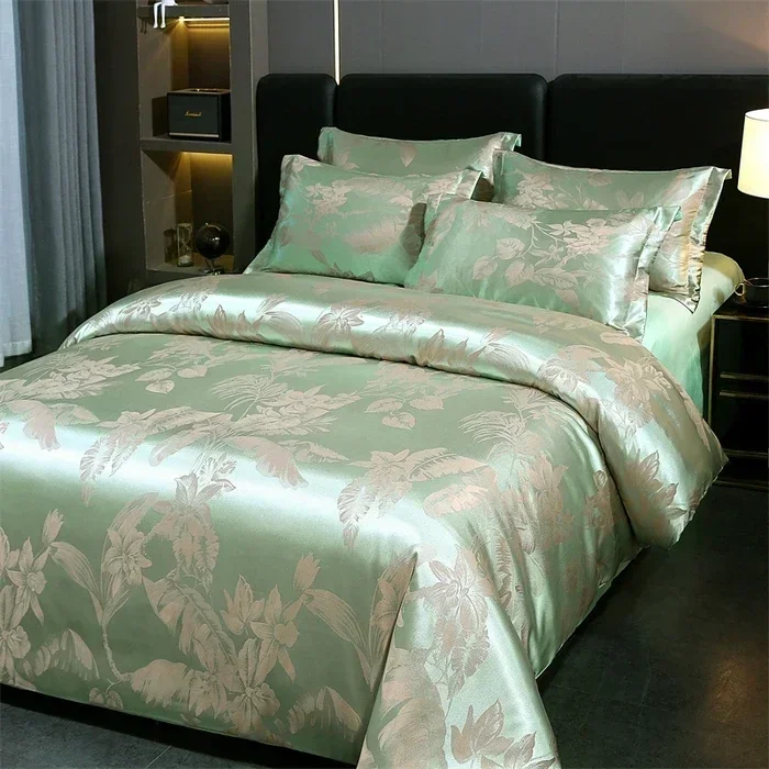 Jacquard Satin Duvet Cover Set Luxury Ultra Soft Queen Size Silk Like Floral Bedding Comforter Covers Zipper Closure and Pillows