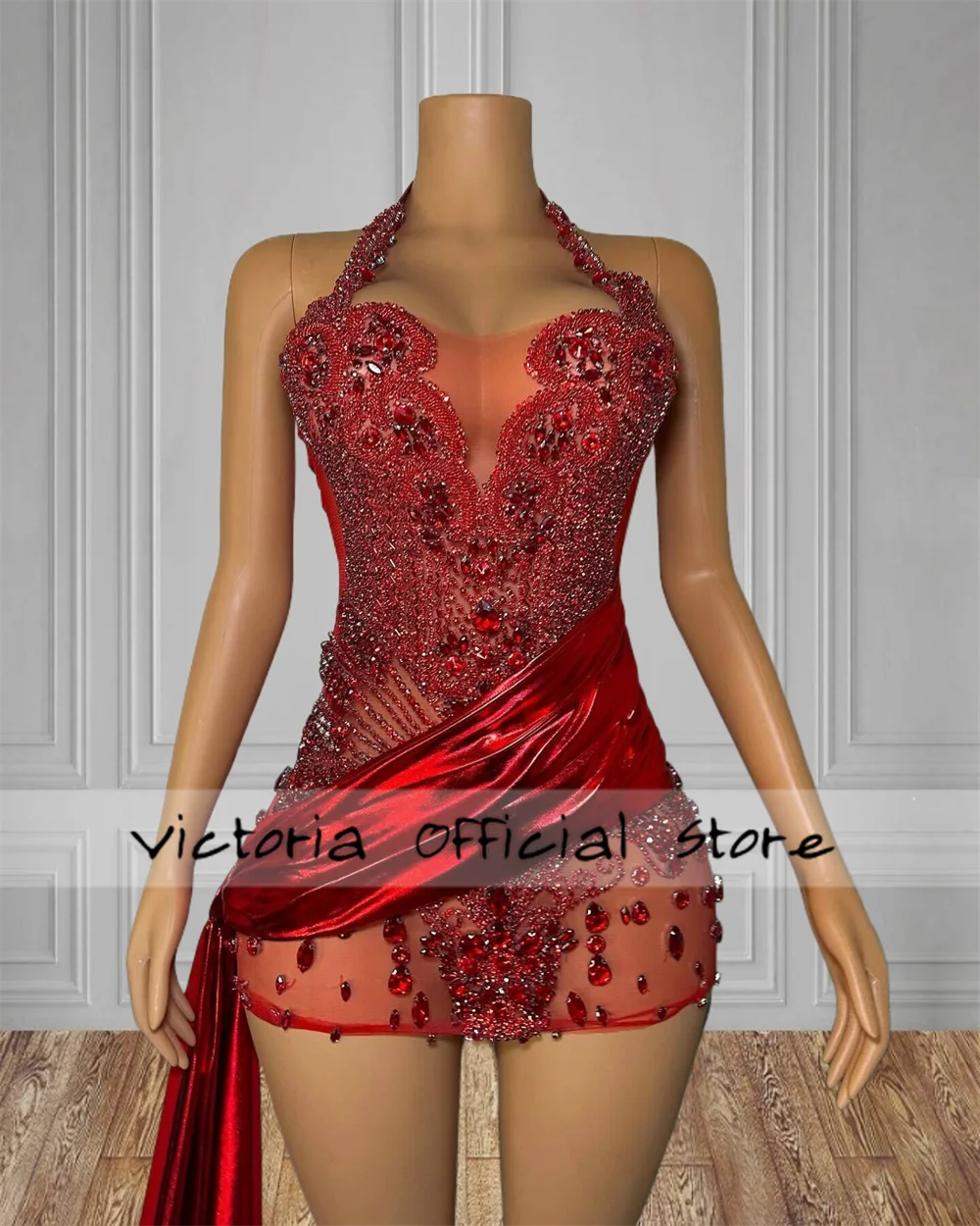 Halter Red Rhinestones Crystals Short Prom Dresses 2024 With Train Homecoming Women Birthday Party Gowns Halter Customized