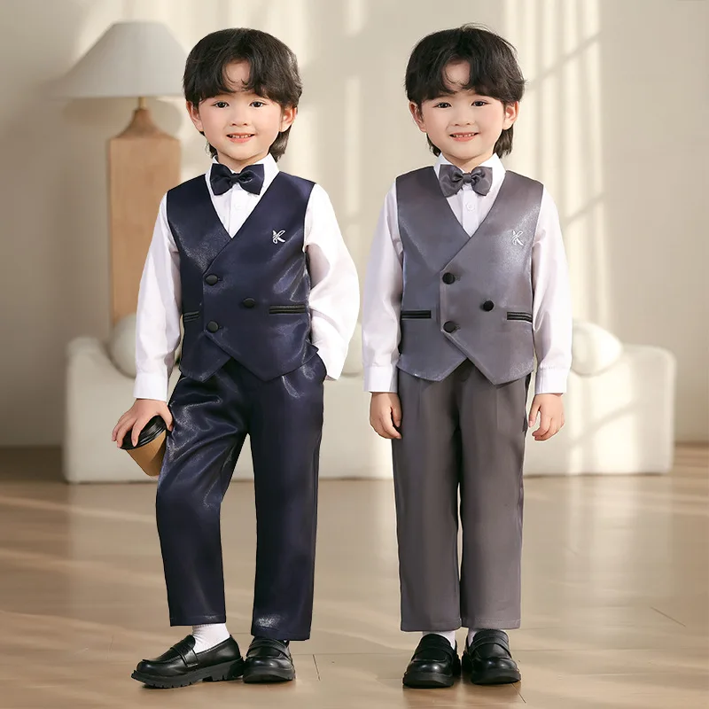 Children Double Breasted Smooth Vest Pants Boys Striped Waistcoat Wedding Clothes Sets Formal Dress Kids Tuxedos School Uniforms