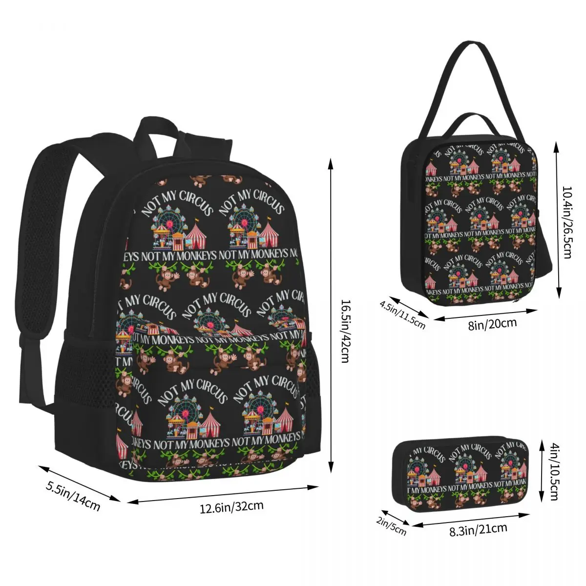 Not My Circus Not My Monkeys Quotes Backpacks Students Bookbag School Bags Rucksack Lunch Bag Pen Bag Three-Piece Set