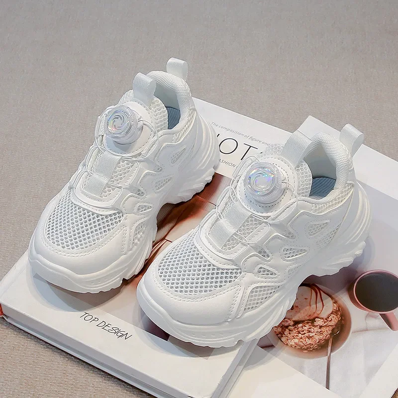 Kids Running Shoes Rotating Button Children Sports Shoes Mesh Breathable 2026 Brand New Children Sneakers Thick Comfortable