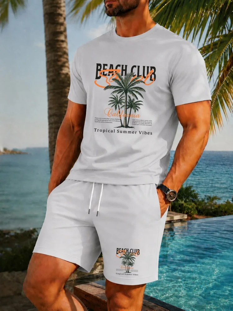 

Men's Beach Club California 2 Piece Outfit Casual Short Sleeve T-Shirt & Shorts Set Summer Tropical Streetwear Tracksuit for Men