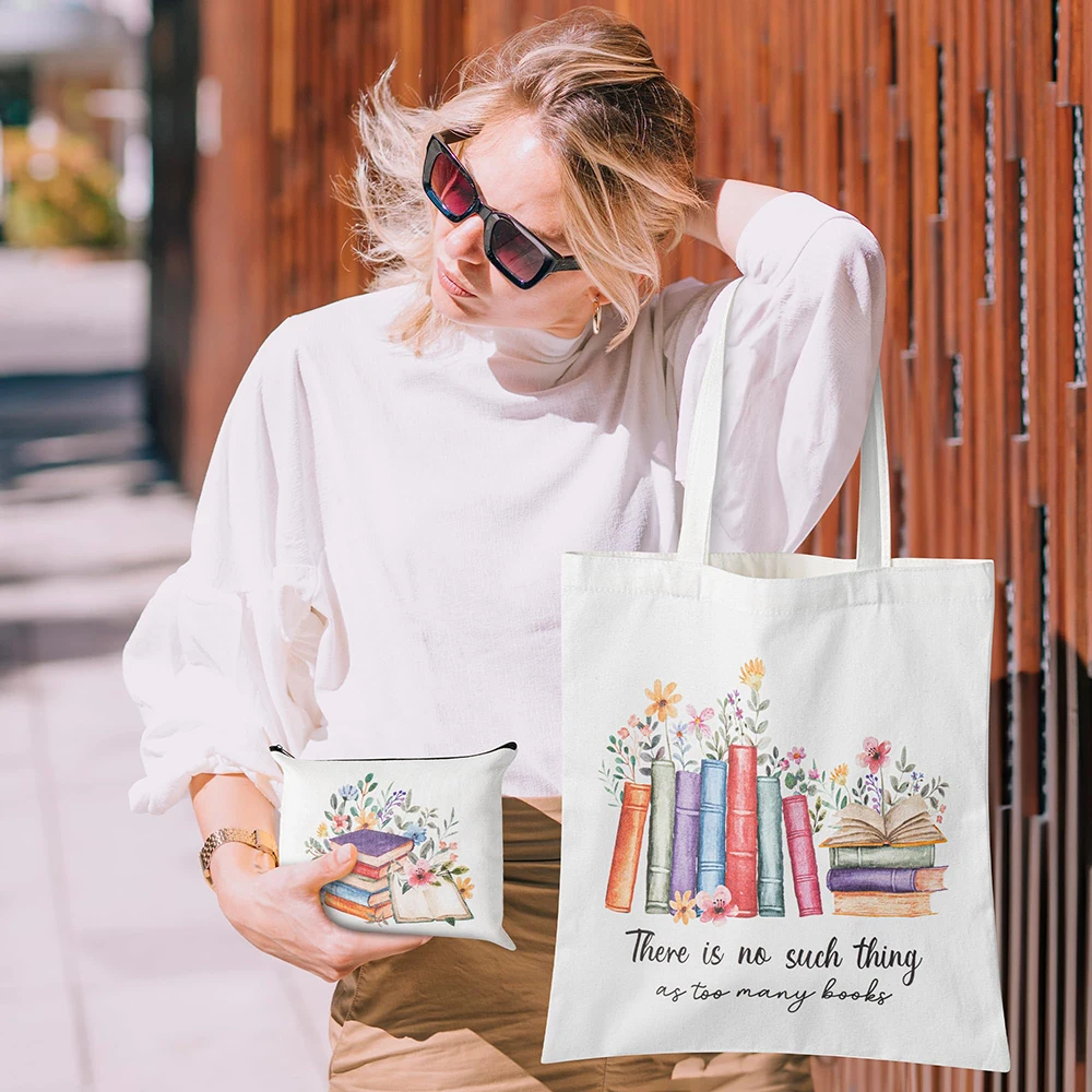 Teacher Book Tote Bag 2Pcs Book Reading Canvas Cosmetic Bag Hand Bag Teacher Appreciation Gift For Readers Book Lover Women