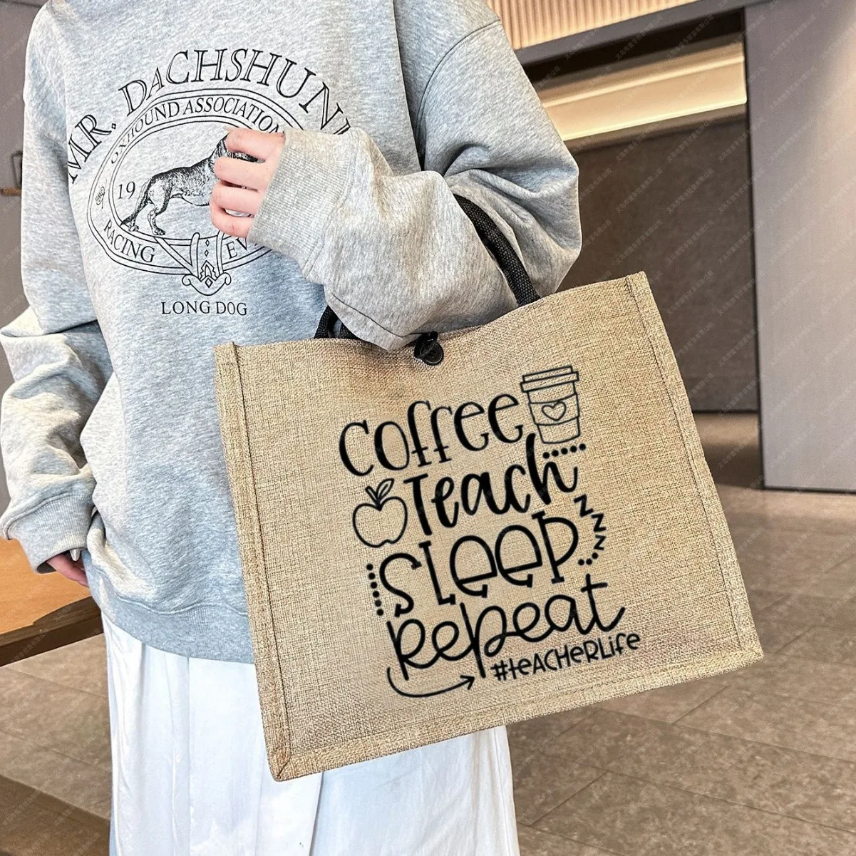 Coffee Teach Sleep Repeat Teacher Life Print Linen Tote Bag Reusable Shopping Bag Women Shoulder Grocery Teacher Gift Handbag