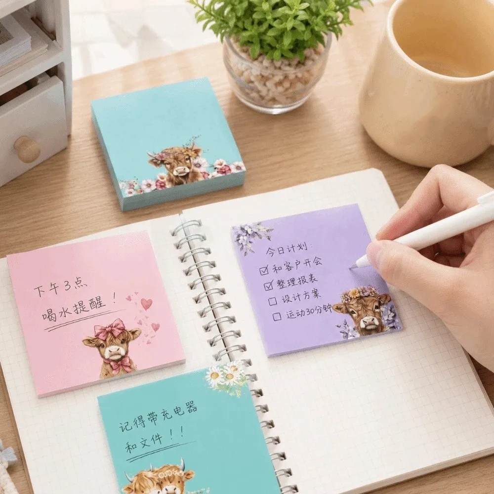 Planner Cartoon Design Sticky Notes Set Square Cute Cow Self-Stick Notes Notepad 80 Pages Memo Pads Office