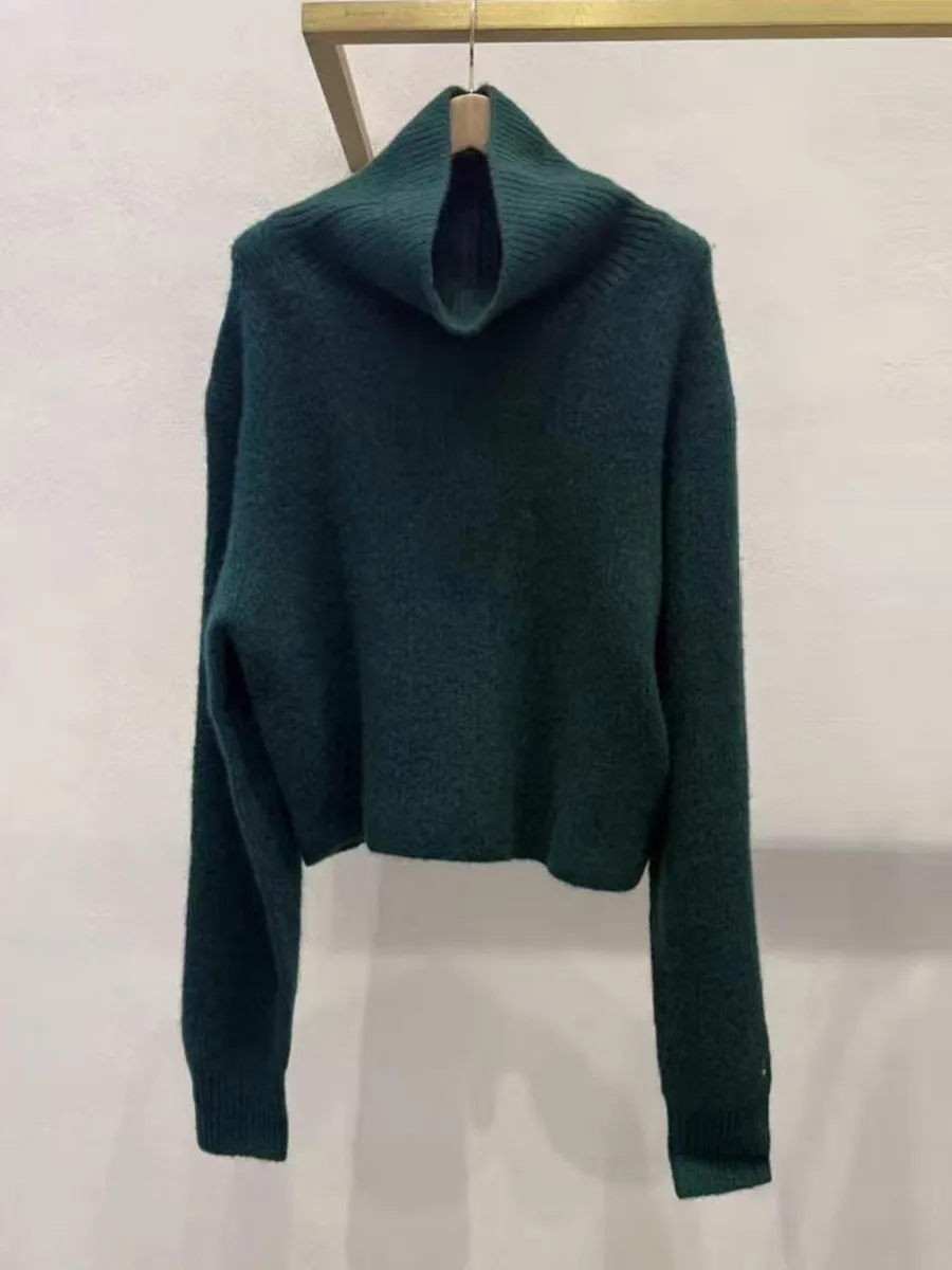 High-End Version Green High Collar Short Loose Long Sleeve Knitted Sweater Lazy Style European Goods Simple And Elegant
