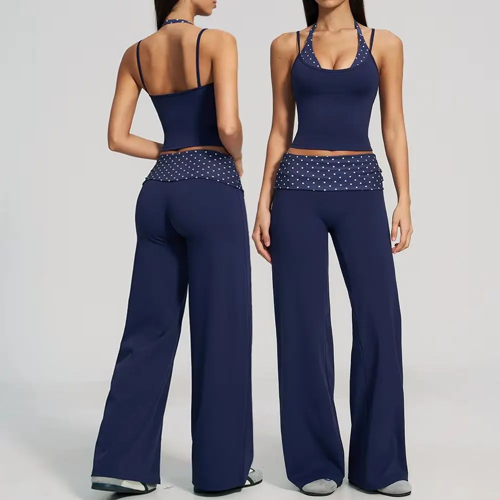 2 Piece Yoga Set Women's Halter Neck Crop Top Fold Over Waist Legged Flare Trousers Polka Dot Striped Gym Workout Running Outfit