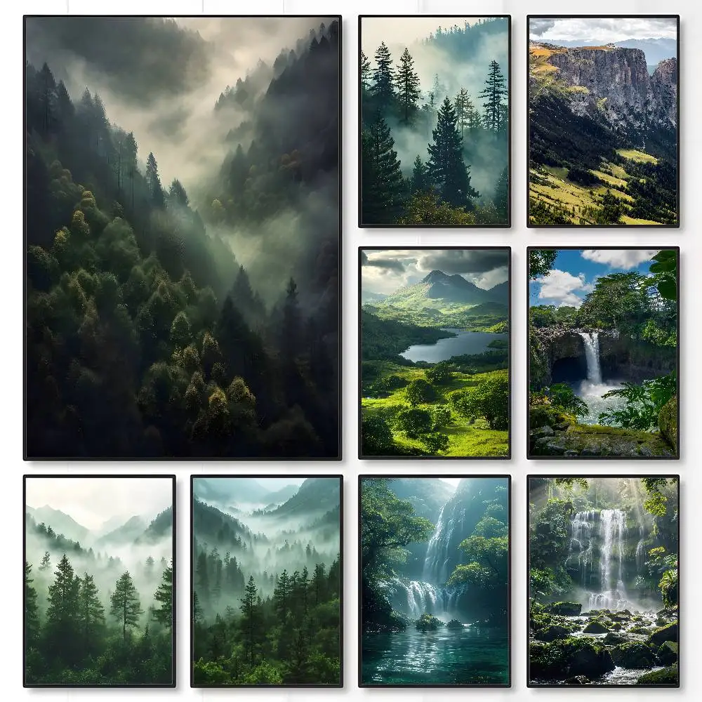 Natur nebliger Wald Wasserfall Landschaft Poster klebrige Wand Kunstdruck wasserdicht Home Wohnzimmer Bar Flur ästhetische Dekor