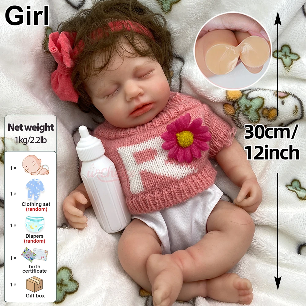 12-calowa lalka reborn z pełnym, silikonowym ciałem, otwierającą się ustami, z włosami, z możliwością mycia, miękka, idealna na prezent urodzinowy lub świąteczny.