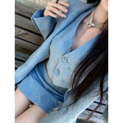 Winter Blue Vintage New 3 Piece Set Women Blazer Coat+vest Top+sweet Mini Skirt Female Casual Korean Fashion Desinger Suit 2024