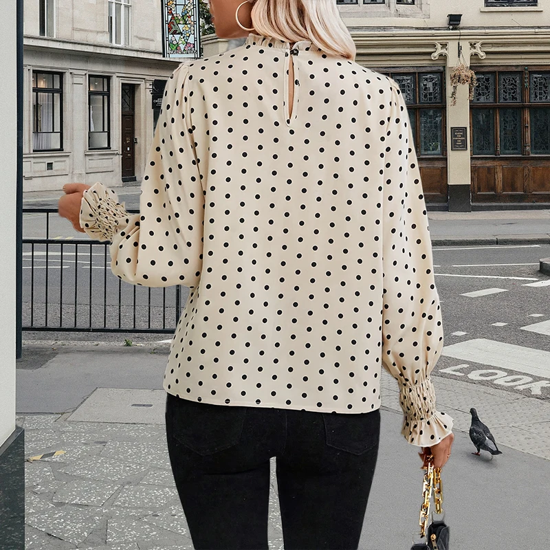 2024 Women\'s shirt fashion polka dot print design shirt new lantern long sleeve high neck women\'s casual breathable top fiber ma