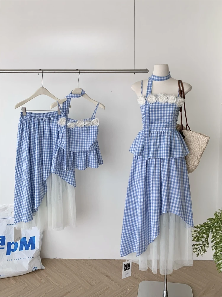 2025 Summer Women Cute Mori Girl 2000s Korean Fashion Plaid Outfits 2 Piece Set Floral Halter Top + Midi Mesh Patchwork Skirt