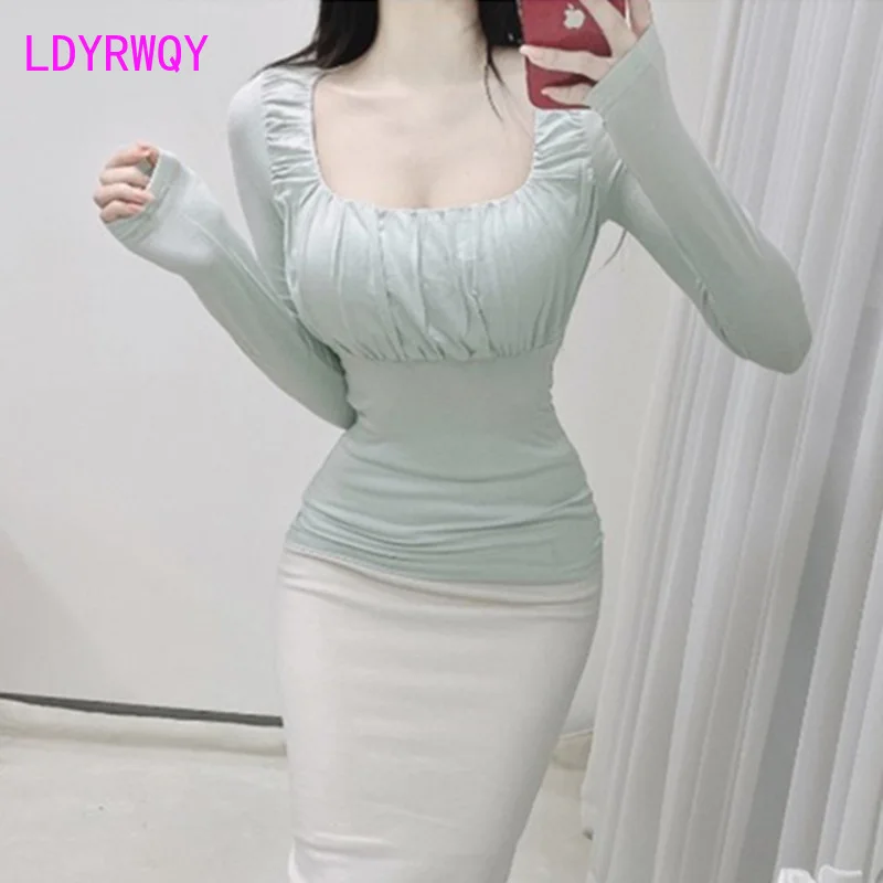 South Korea 2023 New Slim Fit Pleated U Neck Long Sleeve Underlay T-shirt Female