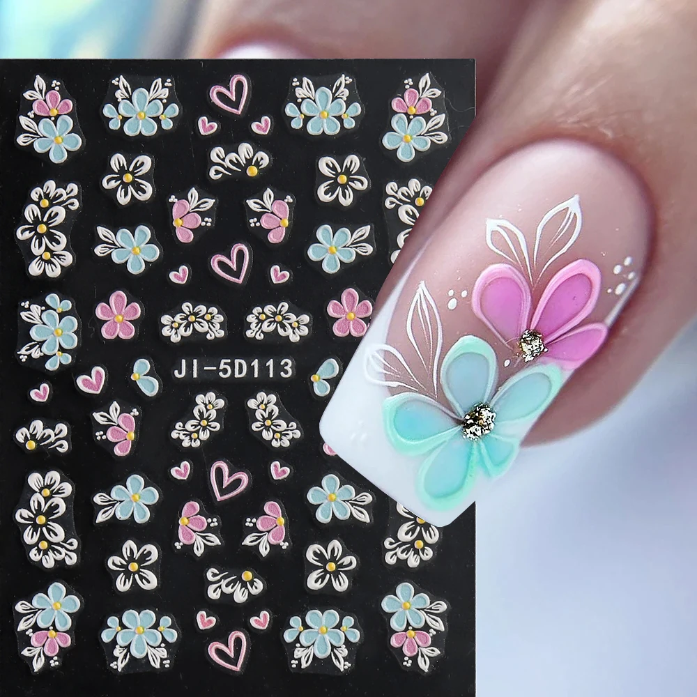 Adesivi per Nail Art in rilievo 5D fiori eleganti colorati cursori a farfalla rosa per unghie decalcomanie per Manicure con petali bianchi GLJI-5D117