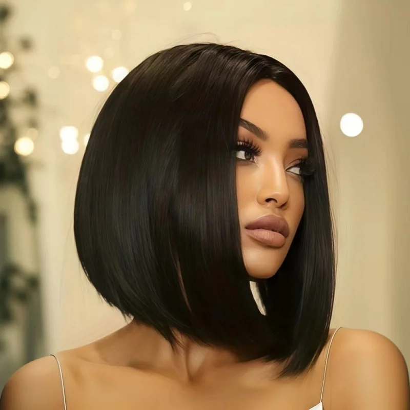 No-lace , African black short bob, middle-parted fluffy synthetic hair wig with straight bangs