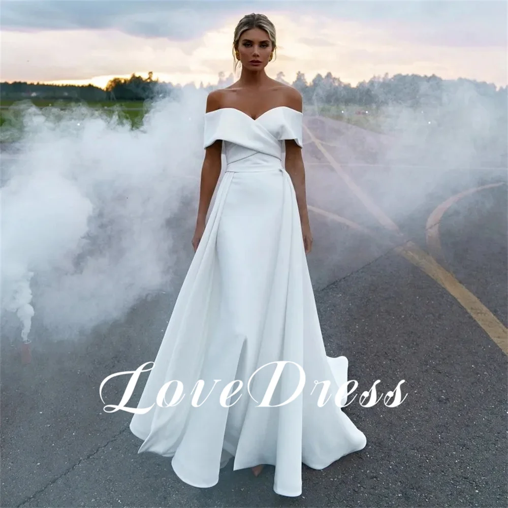 Love Elegant Mermaid Criss-Cross Off The Shoulder Stain Wedding Dresses Simple Detachable Tail Floor Length Backless Bridal Gown