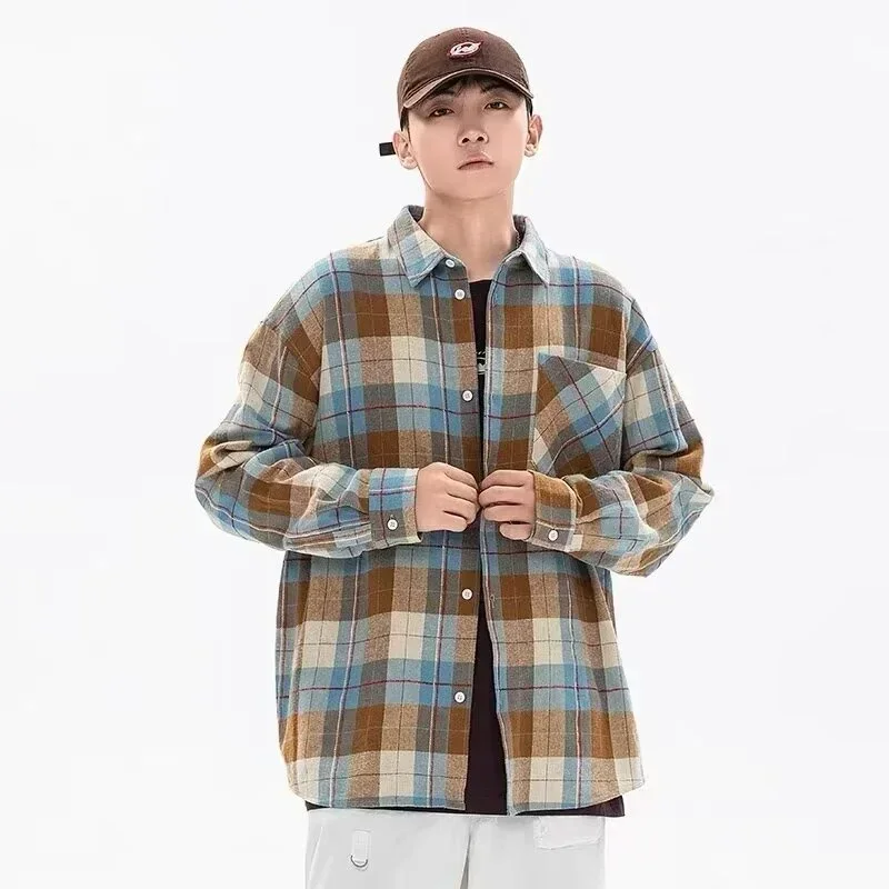 Autumn Long Sleeve Social Plaid Shirts For Men New Y2K Vintage Streetwear T-shirts Aesthetic Loose Casual Shirt Hombre Camisa