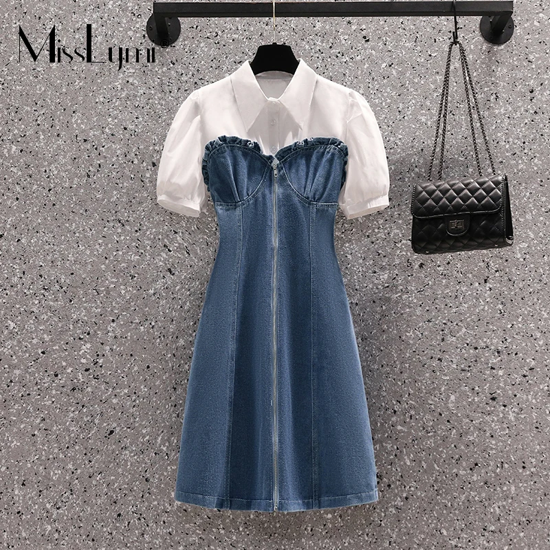 

MissLymi L-4XL Large Size 2022 Summer Women Turn-down Collar Short Sleeve Shirt Patchwork Fake two Pieces Zipper Denim Dress