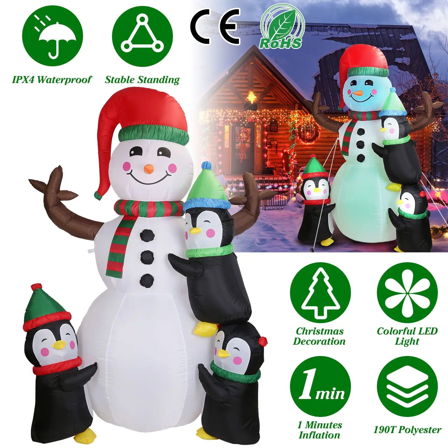 5.9FT Christmas Inflatable Decoration - Snowman & 3 Penguins with 5 LED Lights Includes Stakes/Ropes/Sandbags for Yard, Garden