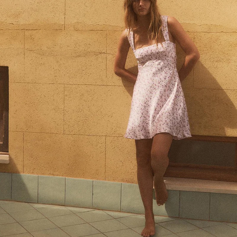 Letnia Nowa Damska Sukienka Country z Prostym Kołnierzem, Szerokimi Ramiączkami, Nadrukiem, z Jedwabnej Satyny, Casualowa, z Wysokim Stanem, w Kształcie Litery A