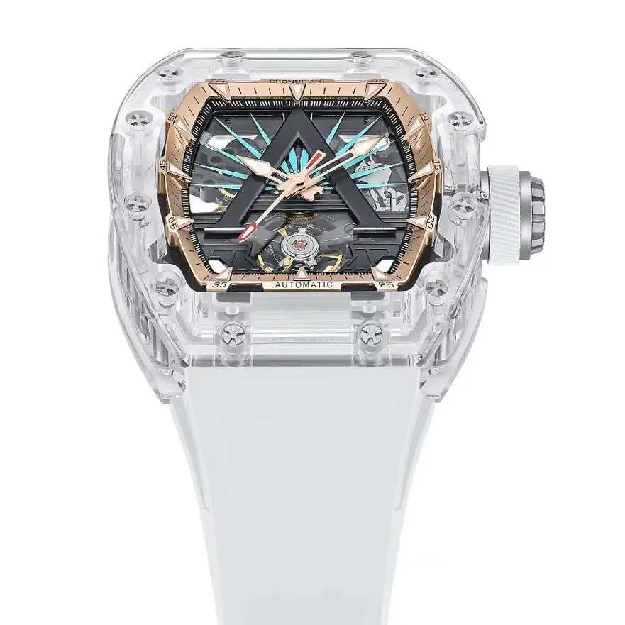 CRONUSART Men Automatic Watch Tonneau Mechanical Wristwatch Acrylic Case K9 Mirror Luminous Skeleton King Dial FKM Strap