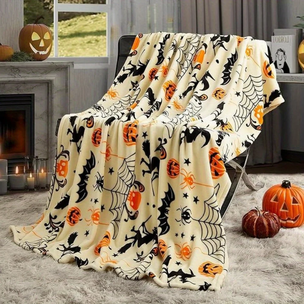 

[Halloween Throw Blanket] Super Soft Plush Halloween Throw Blanket with Witch Hat Spiderweb Design - Halloween Decorations
