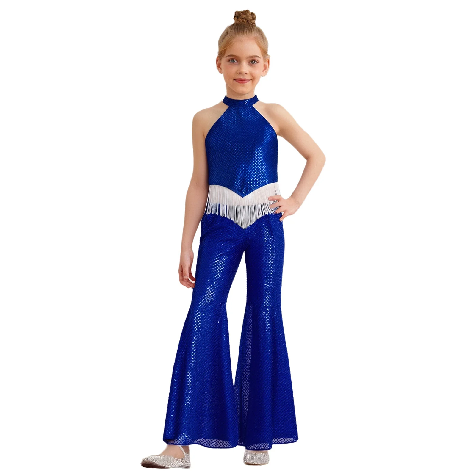 

Kids Girls Jazz Dance Costume Sparkling Sequins Halter Sleeveless Backless Sparkling Sequins Crop Top with Bell-Bottom Pants