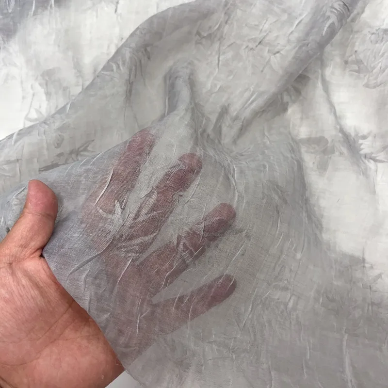 Grey Semi Sheer Flocked Bamboo Leaf Crinkled Organza Fabric Lightweight Slightly Structured for Shirt Tulle Skirt DIY Sewing