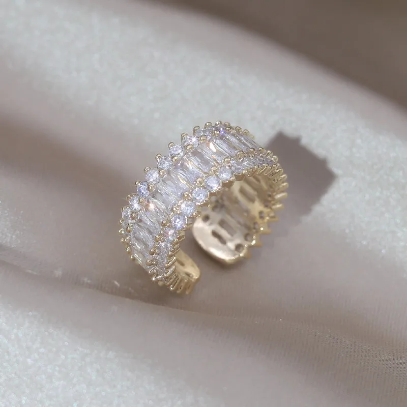 14K Gold Plating Luxury Geometric Zircon Rings Korea New Fashion Jewelry Elegant Women Party Opening Adjustable Accessories
