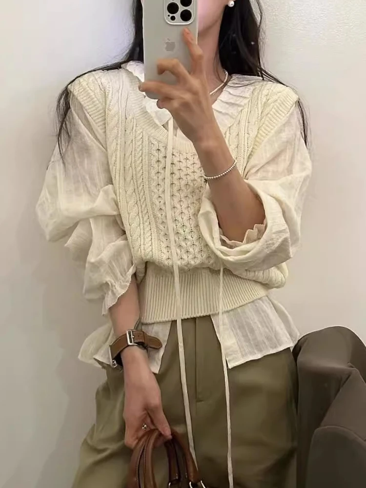 시크한 브이넥 니트 조끼 여성용 부드럽고 루즈한 캐주얼 레이어링 가을 패션 트렌디 올매치 편안한 민소매 탑