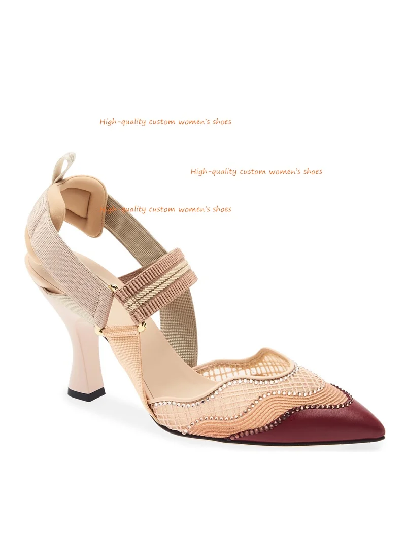 Mesh And Leather Patchwork Style Women's Sandals Elastic Band Closure Pointed Horseshoe Heel Shallow Rear Luxury High Heels