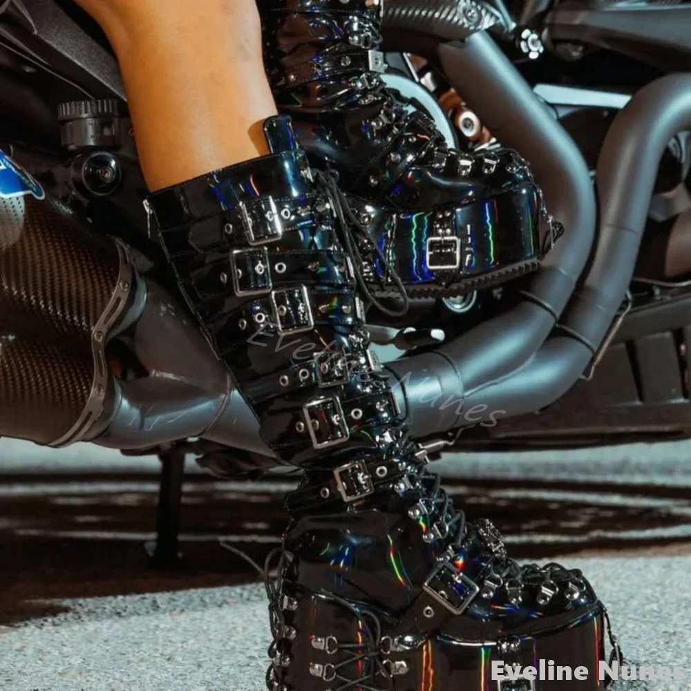 

Colorful Black Belt Buckle Knee High Boots Women Round Toe Cross Tied Leather Metal Decoration Platform Boots Gothic Style Boots