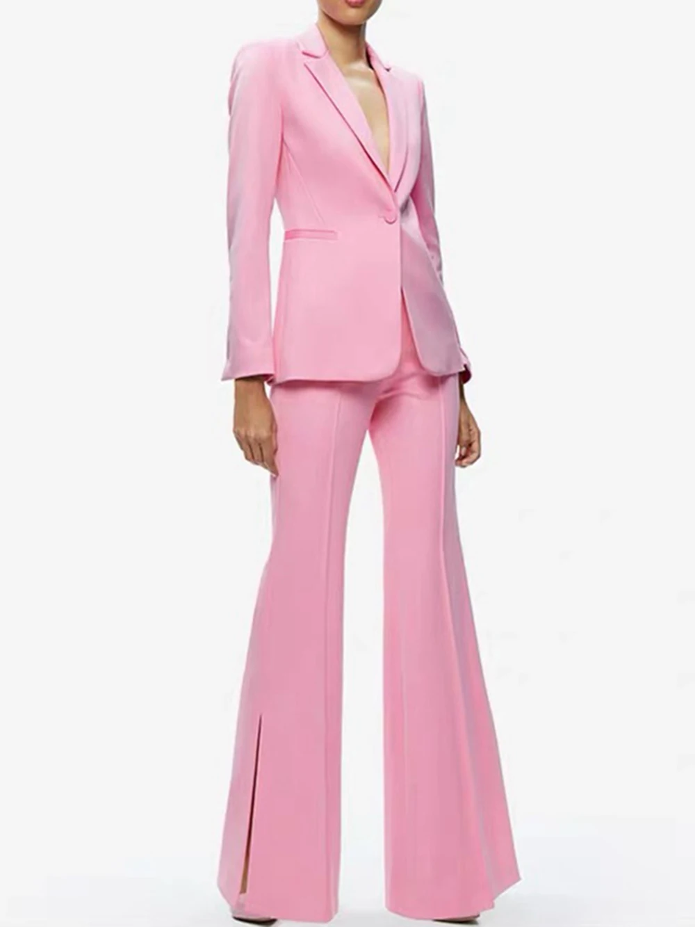 Modphy Newest 2026 Autumn Pink Suit Set Women's Single Button Blazer Split Flare Pants Suit Solid Slim Female