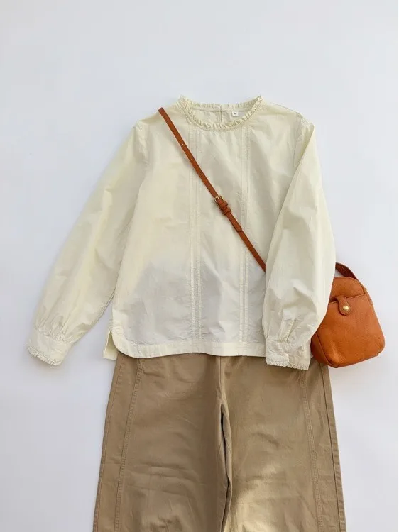 

Bordered Collar Shirt Versatile And Stylish! Spring Summer Artistic Pure Cotton Washed Loose Casual Atmosphere Top Women's Fa...