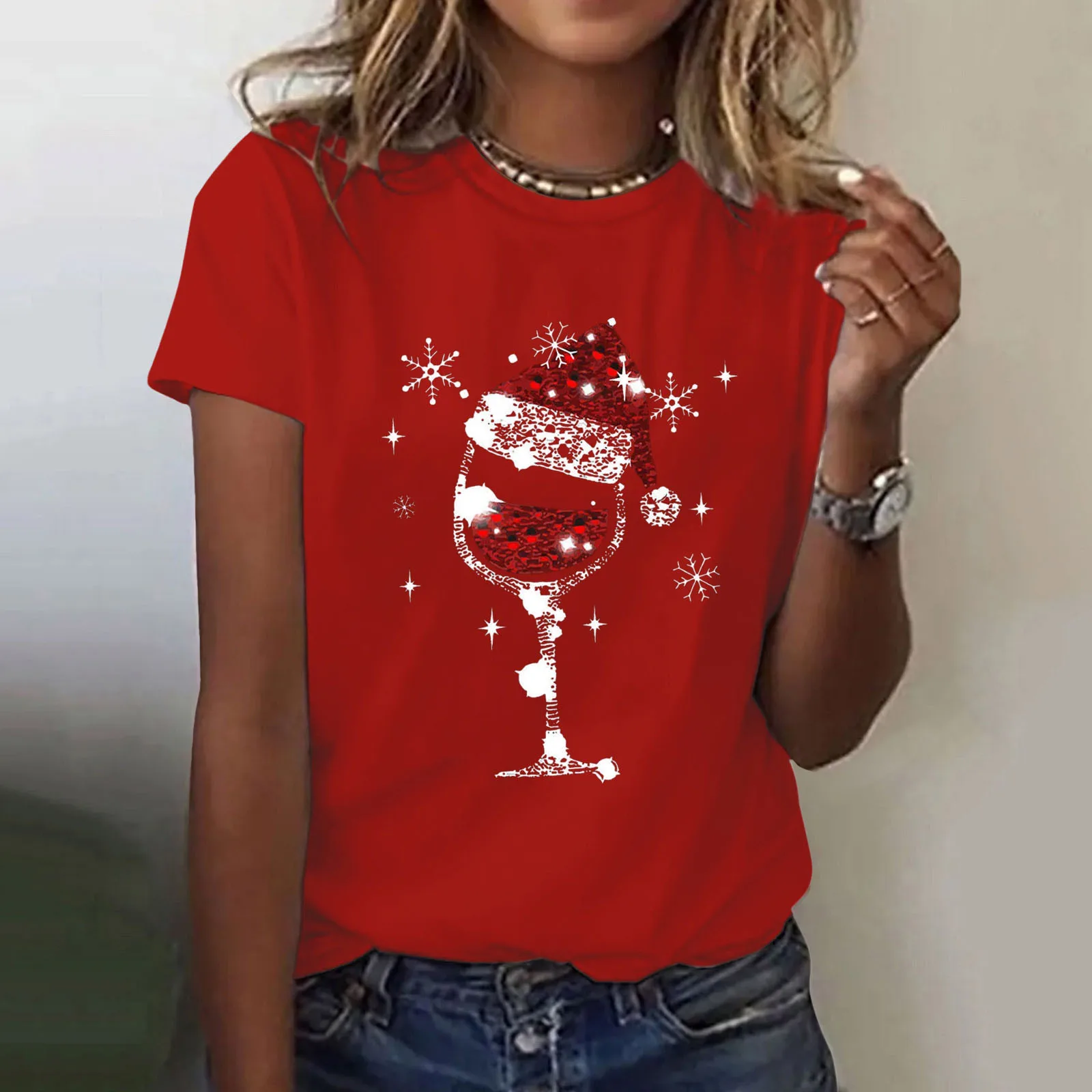 Christmas Women\'s Casual T-Shirs 2024 Summer Red Hat Wine Glass Graphic Tees XMAS Funny Print Tops Short Sleeve O-Neck Clothes