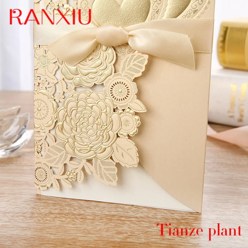 Custom Gold White Red Laser Cut Wedding Invitation Card Rose Love Heart Greeting Card Customize With Ribbon Wedding Party Suppli