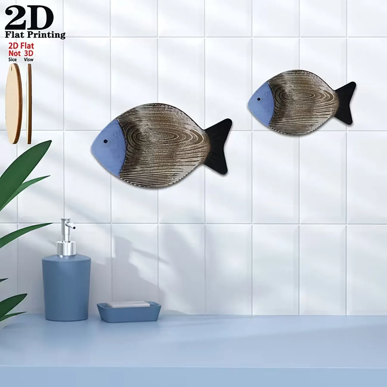 2 Pcs 2D Flat Wooden Fish Wall Decor Wood Grain Print Fish Wall Art With Nano Tape No Drilling Bathroom Wall Ornament