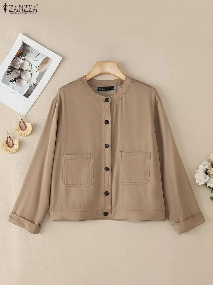 ZANZEA Kurtki damskie w stylu denim z kontrastowymi szwami, jesienne, lekkie, z długim rękawem, dekolt okrągły, zapinane na guziki, odzież wierzchnia, rozmiary S-3XL