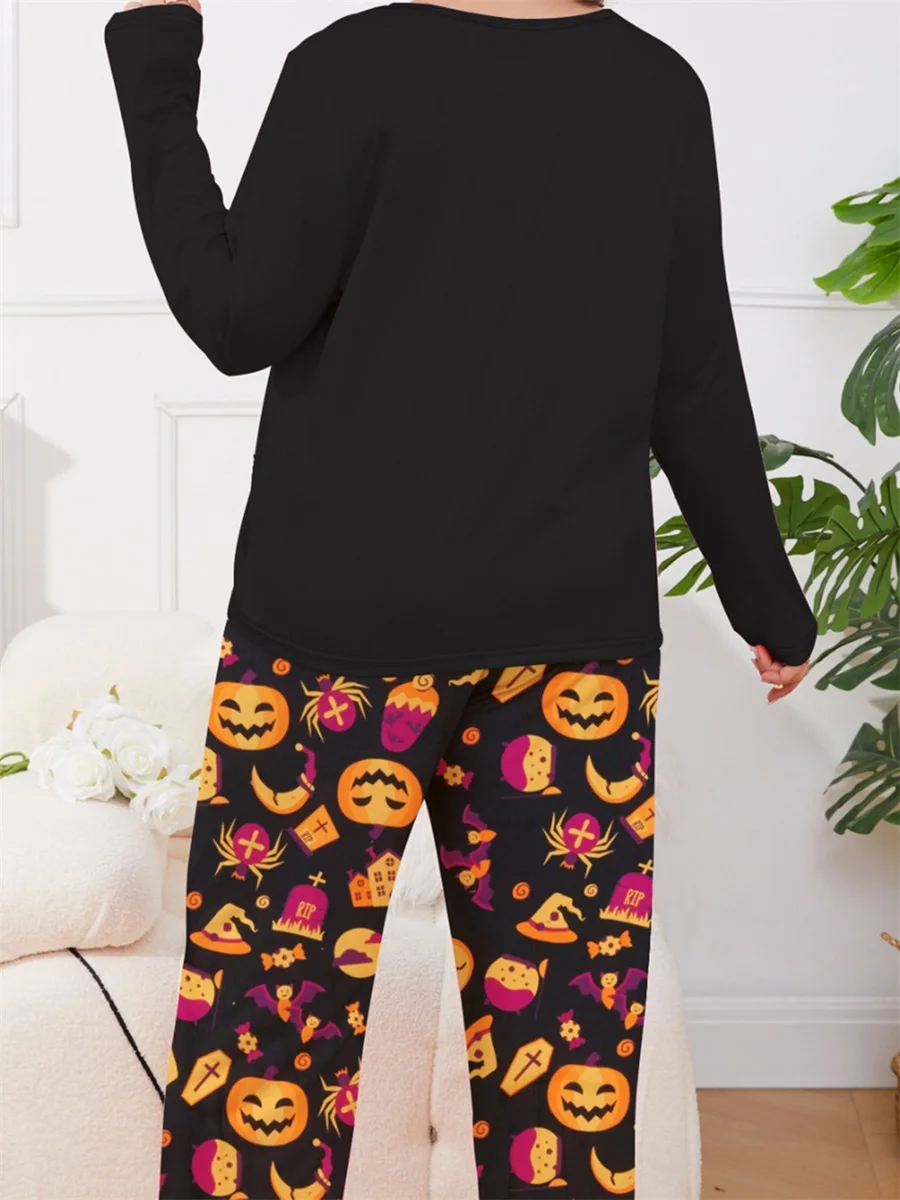 Women Halloween Plus Size Pajamas Lounge Set Pumpkin Bat Print Tops and Pants 2 Piece Loungewear Outfits