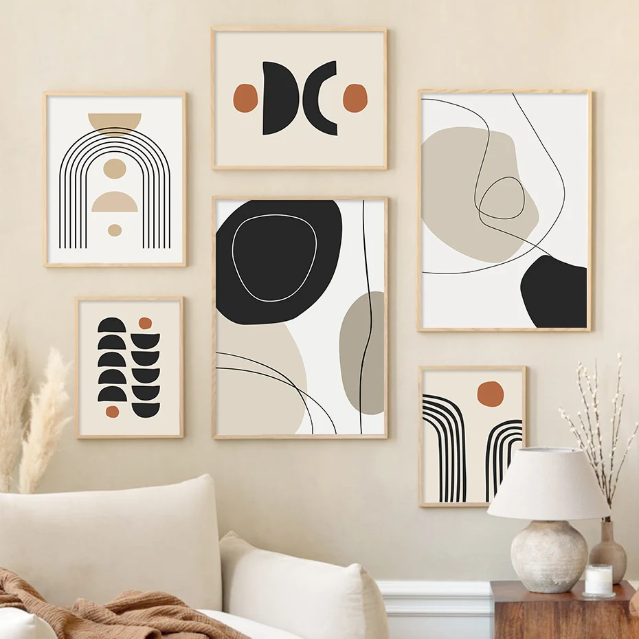 Boho Abstract Geometric Line Black Beige Wall Art Posters Canvas Painting Print Picture for Living Room Interior Home Decoration