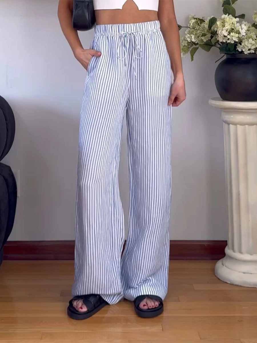 

Y2k Women summer Going out Loose Wide Leg Pants High Waist Vertical Stripe Print Elastic Drawstring Trousers with Pockets for