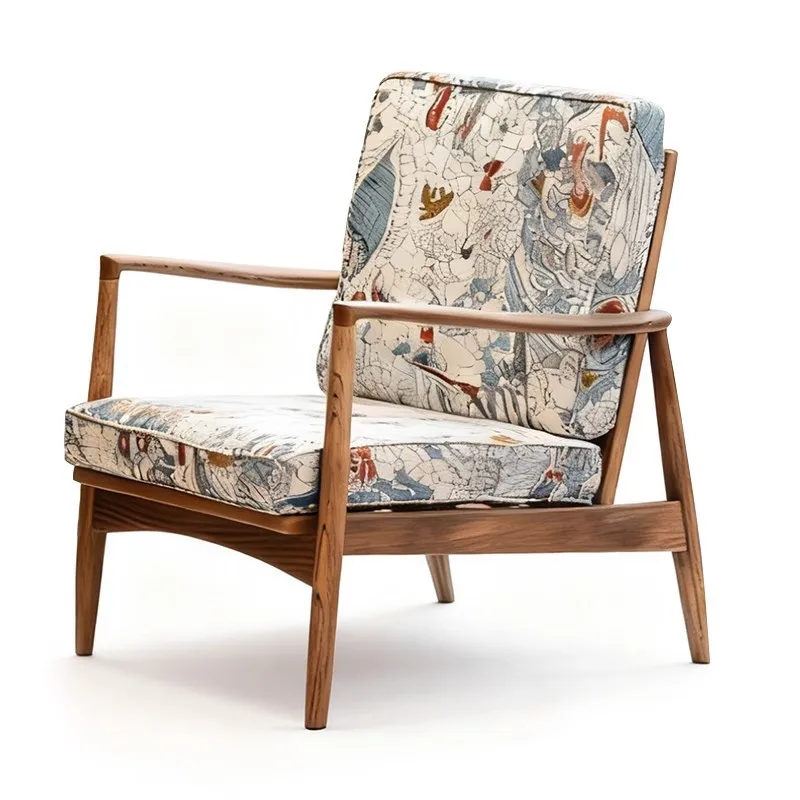 French light luxury solid wood single sofa chair printed fabric villa living room bedroom balcony household sofa chair